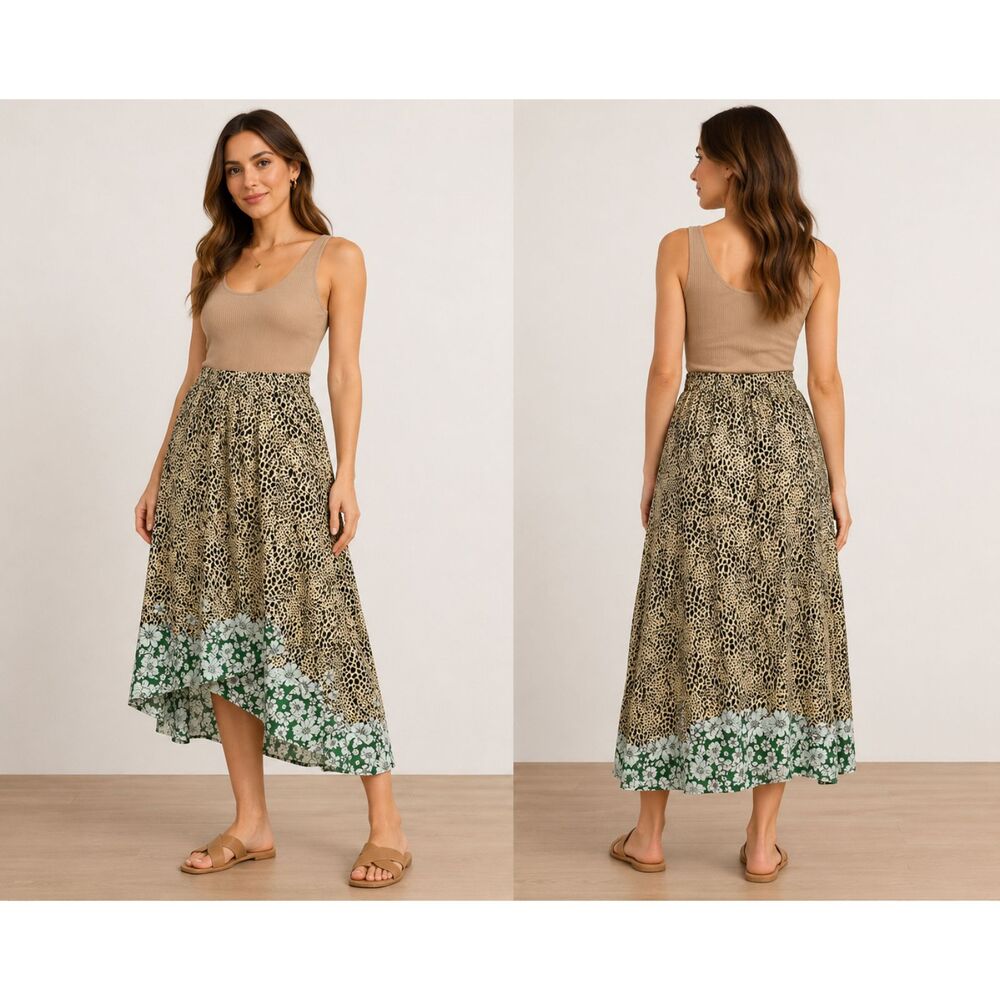 New GIGIO Size M 8 10 Floral CottageCore elastic waist faux wrap midi skirt